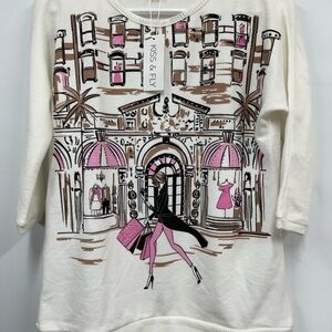 Kiss & Fly small Off White 3/4 Sleeve Shopping Girl Embellished Sweater Knit Top